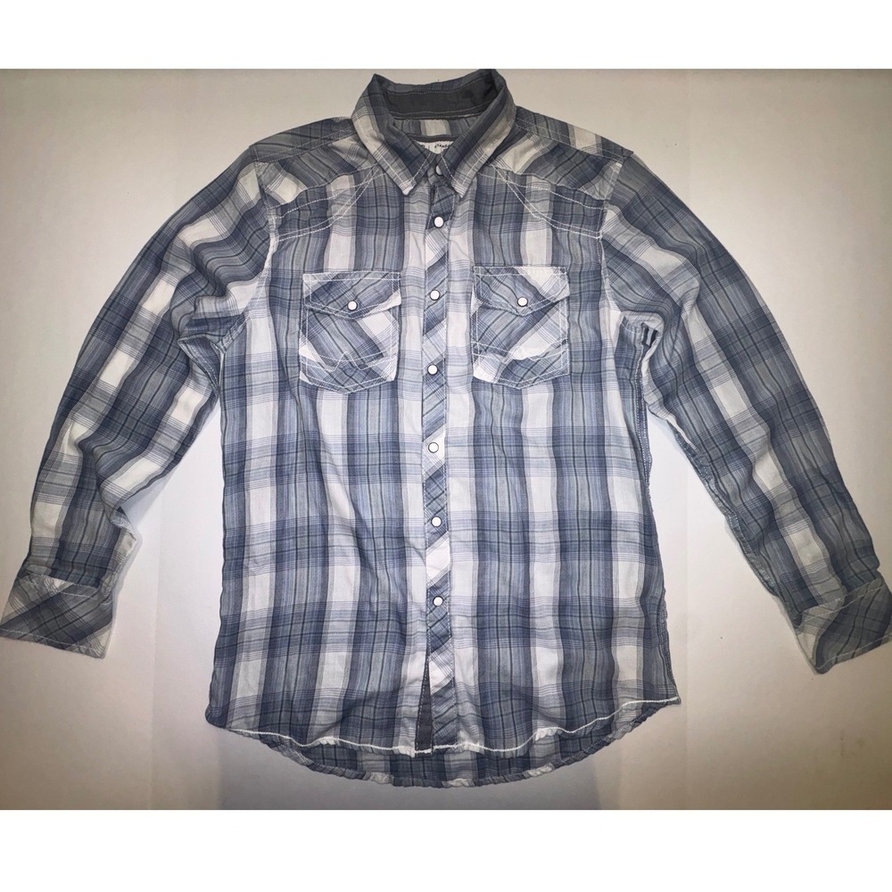 BKE Mens Blue White Plaid Western Pearl Snap Long Sleeve Shirt Med‎ Standard Fit